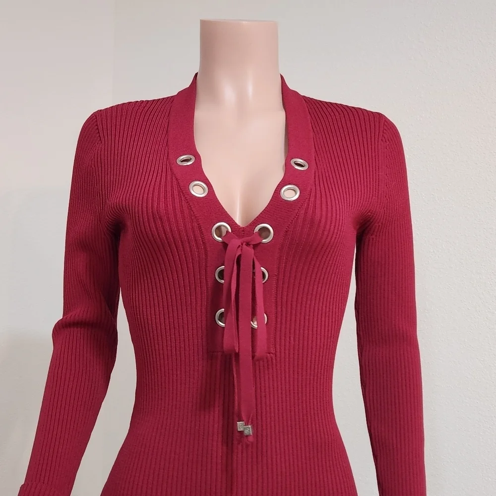 𝅺Michael Kors Ribbed Bodycon Tie V Neck Dress Size: M_2